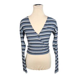 Free People V-Neck Wrap Top Long Sleeve Striped Black & Grey Sz S